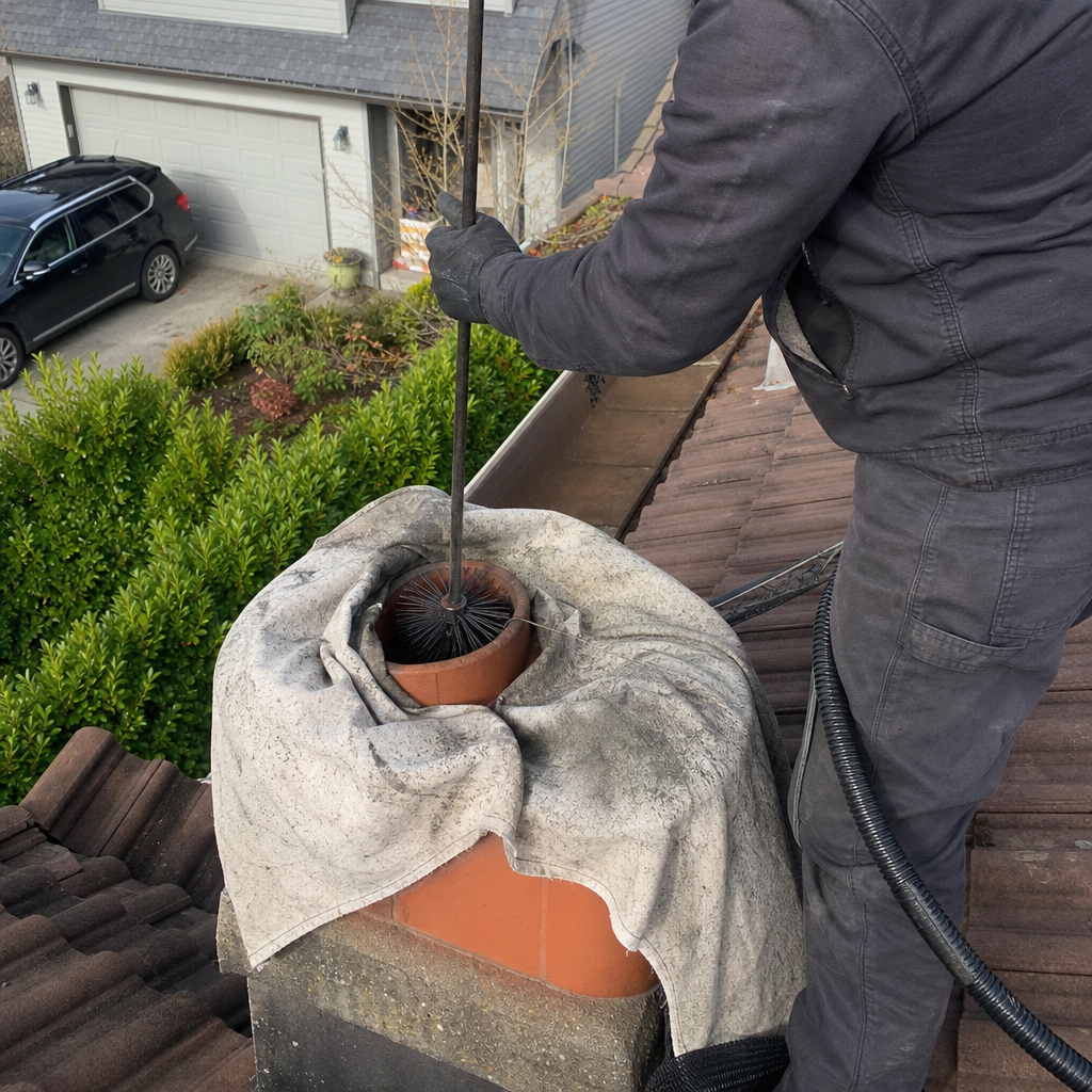 Professional chimney sweep cleaning a brick chimney on a residential roof