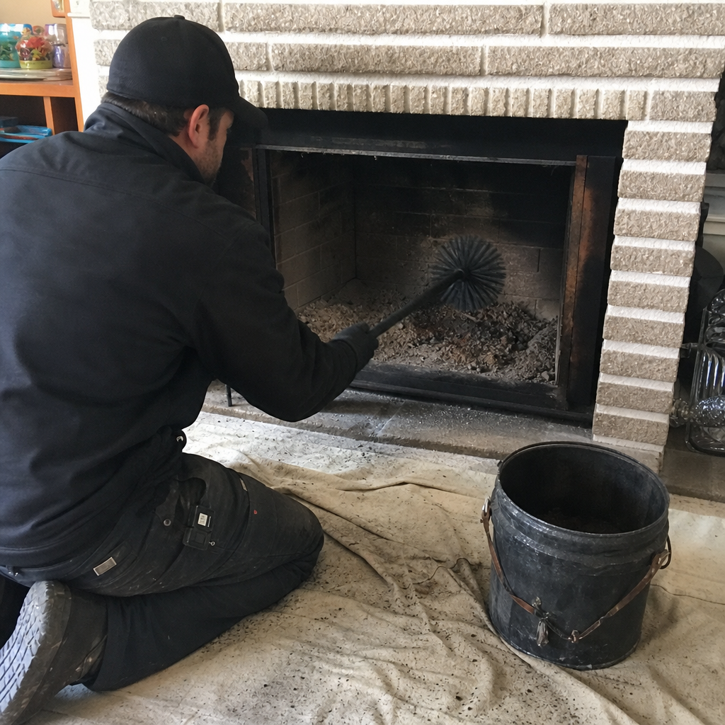 Professional chimney sweep cleaning soot from a residential fireplace with a brush