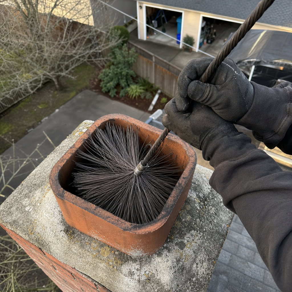 Professional chimney sweep cleaning a residential chimney flue from the roof