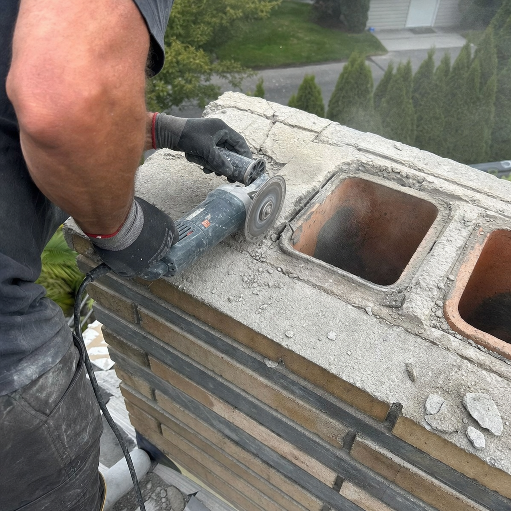 Professional technician repairing a brick chimney crown with an angle grinder