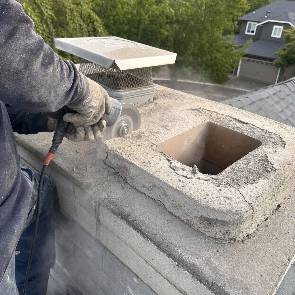 Professional technician repairing a damaged concrete chimney crown
