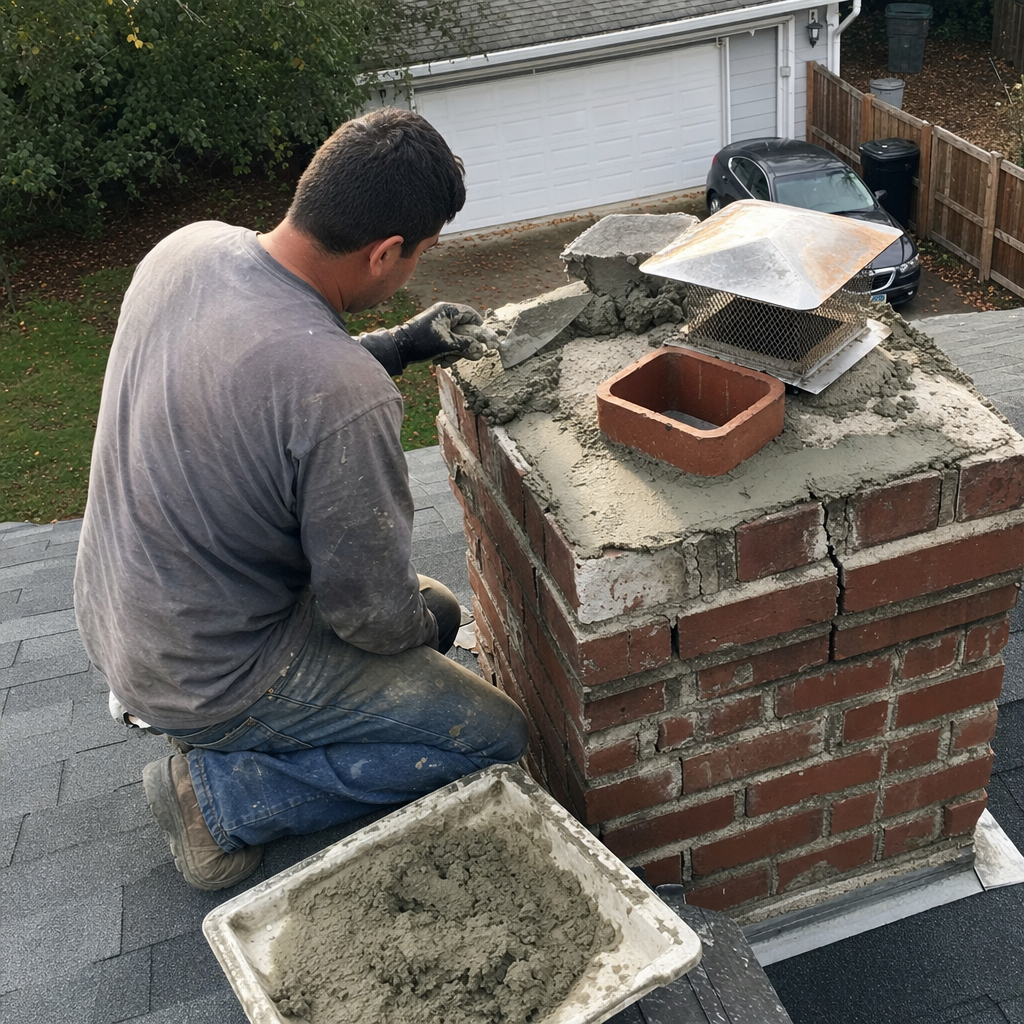 Professional masonry contractor performing chimney crown repair and brick maintenance