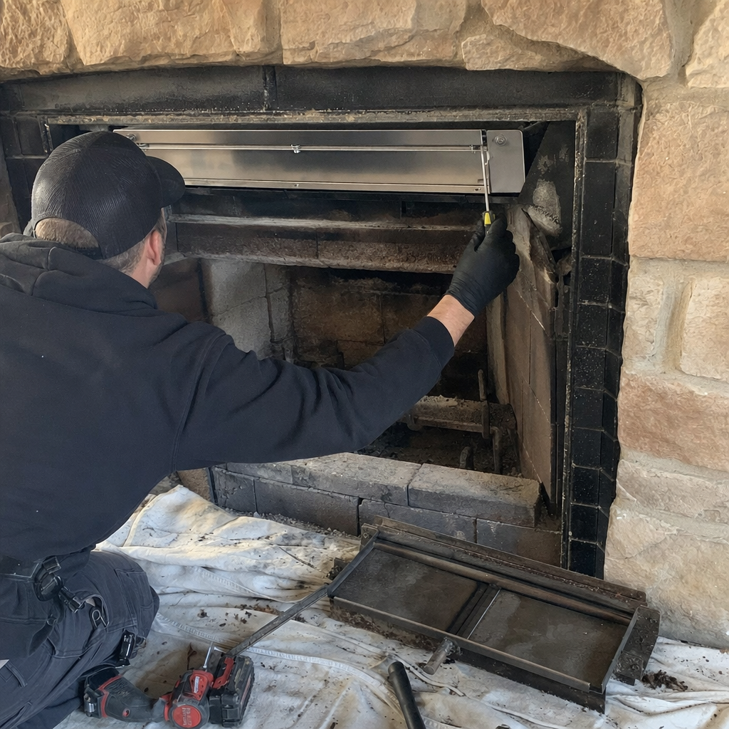 Technician performing professional fireplace damper repair and maintenance services