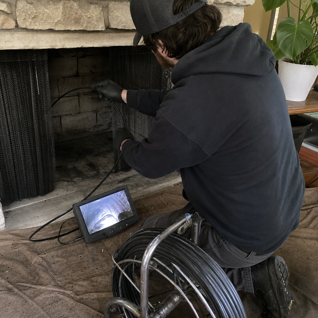 Technician using a fireplace inspection camera for professional chimney service