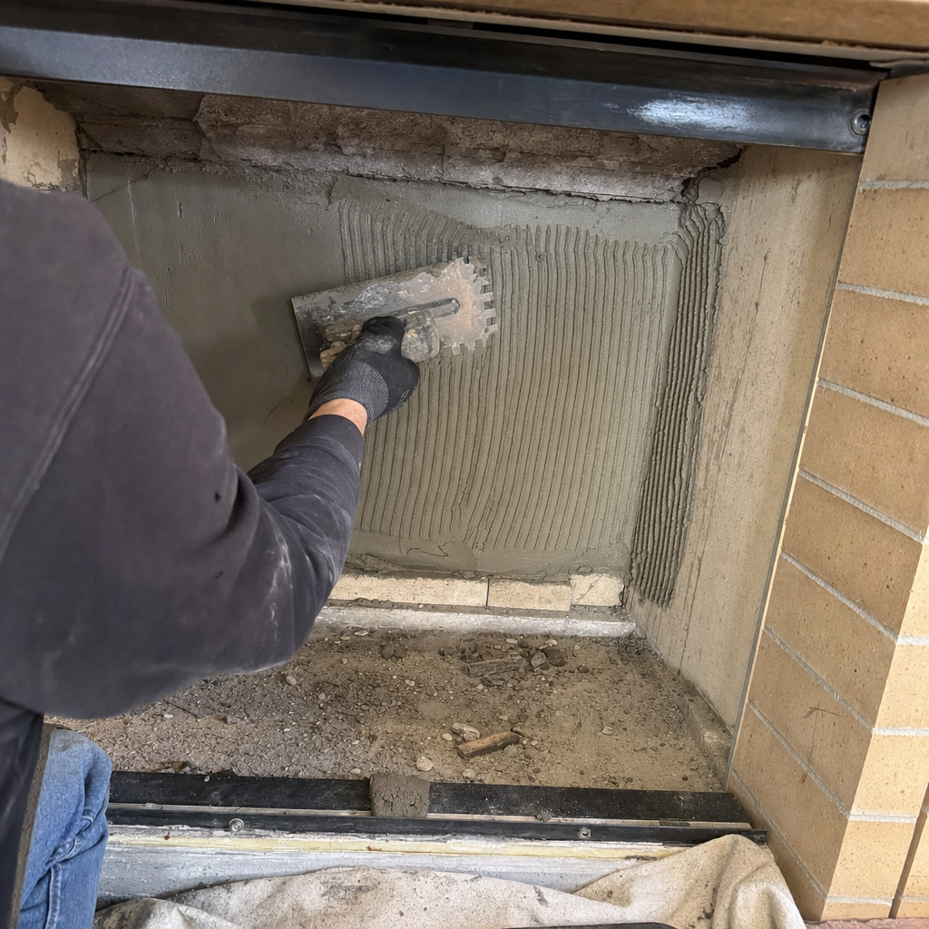 professional applying mortar to fireplace interior with notched trowel